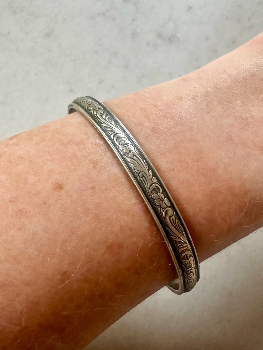 Floral Engraved Silver Bangle Cuff Bracelet | stainless steel flower bracelet